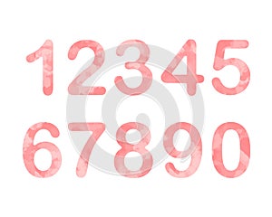 Numbers watercolor pink set vector illustration