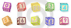 Numbers wooden alphabet blocks font rotated. 3D