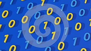 Numbers zero and 1. Binary code concept. Blue background. Abstract illustration, 3d render