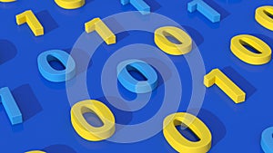 Numbers zero and one. Binary code concept. Blue background. Abstract illustration, 3d render, close-up