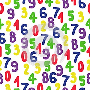 Numbers from zero to nine seamless pattern, multicolored numbers on a white background