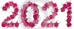 Numeral 2021 from red flowers of rose, isolated on white background