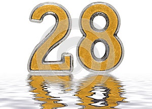 Numeral 28, twenty eight, reflected on the water surface, isolated on white, 3d render