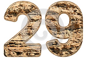 Numeral 29, twenty nine, isolated on white, natural limestone, 3