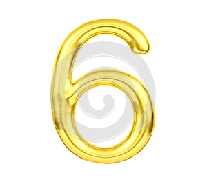 Numeral 6, Golden balloon number six isolated on white background, 3D Rendering