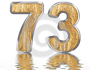 Numeral 73, seventy three, reflected on the water surface, isolated on white, 3d render