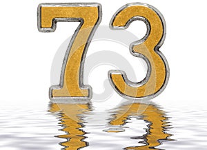 Numeral 73, seventy three, reflected on the water surface, isolated on white, 3d render