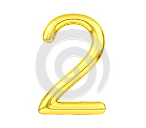 Numeral 2, Golden balloon number two isolated on white background, 3D Rendering