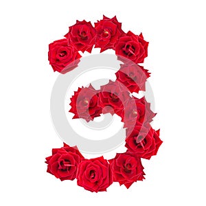 Numeral 3 made of red roses on a white isolated background. Element for decoration. Red roses