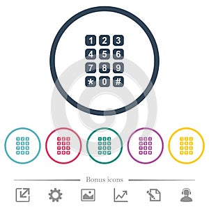 Numeric keypad flat color icons in round outlines