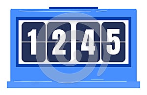 Numeric scoreboard displaying number 1245 using analog flipover mechanism. Blue color scheme white