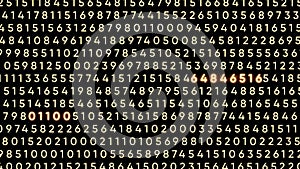Numerical code in matrix computer program. Motion. Glowing numbers in program code stream. Highlighted neon numbers in