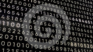 Numerical code in matrix computer program. Motion. Glowing numbers in program code stream. Highlighted neon numbers in