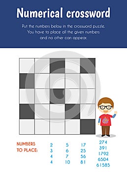 Numerical crossword Educational Sheet. Primary module for Logic Reasoning. 5-6 years old