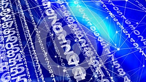 Numerical data analysis with connected lines of dynamic numbers and abstract digits on blue background exploring power of data