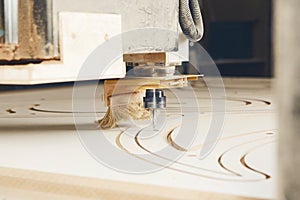 Numerically controlled woodworking machine cuts rounded complex lines on the canvas. Computer numerical control. CNC.