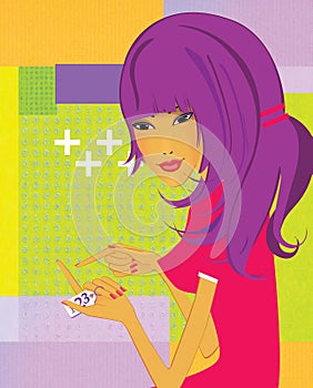 Numerology. Girl with violet hair considers bending fingers