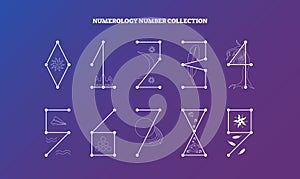 Numerology numbers with symbolic meaning design. vector illustration collection, esoteric knowledge numeral science.
