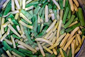 Numerous chunks of asparagus beans closeup