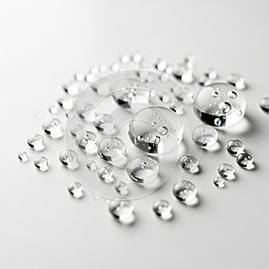 Numerous clear water droplets rest on a smooth white surface
