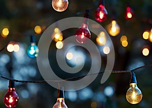 Numerous colored festive string lights hanging taut in a backyard setting