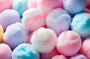 numerous colorful soft, fluffy cotton candy balls in pastel colors background. sweets, softness, comfort, skincare