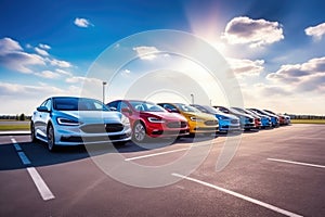 Numerous Electric Cars Parked in a Spacious Parking Area, Emphasizing Sustainable Mobility