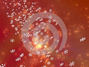 Numerous falling snowflakes on a red background