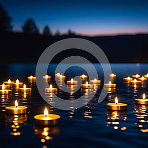 numerous lit candles floating on calm body of water during late evening. concepts: meditation and relaxation, memorial