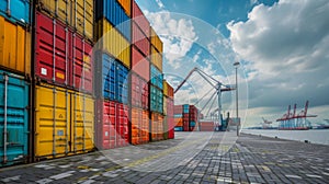 numerous shipping containers stack in port