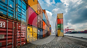 numerous shipping containers stack in port