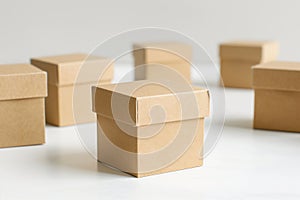 Numerous small brown packages on white background.