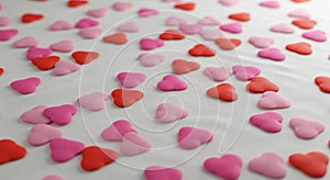 Numerous small heart-shaped objects scattered across a surface. The hearts are