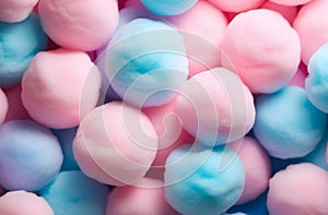 numerous soft, fluffy cotton candy balls in pastel shades of pink and blue background. sweets, softness, comfort