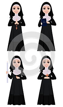 Nun cartoon character. Smiling catholic sister