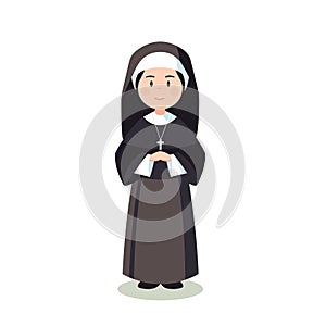 Nun flat isolated on white backgrund. Cartoon nun with a cross.