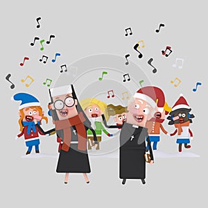 Nun and priest singing xmas songs with kids.3D