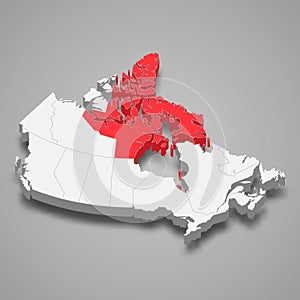Nunavut region location within Canada 3d map