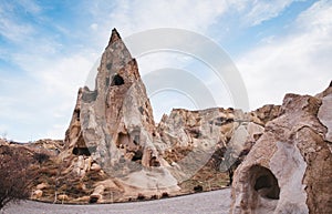 Nunnery inside volcanic rock landscape at Goreme Open air museum,