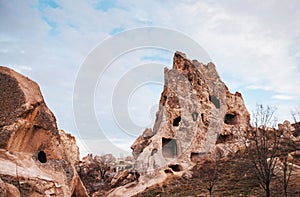 Nunnery inside volcanic rock landscape at Goreme Open air museum,