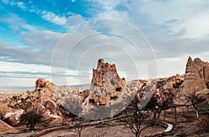 Nunnery inside volcanic rock landscape at Goreme Open air museum,