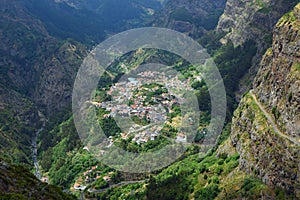 `Nuns Valley` village sites in deep steep sided valley Madeira Portugal.