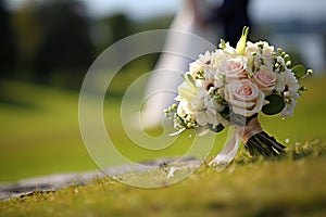 Nuptial scene Wedding bouquet rests on grass with married couple