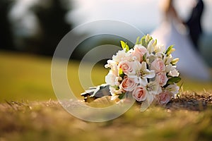 Nuptial scene Wedding bouquet rests on grass with married couple