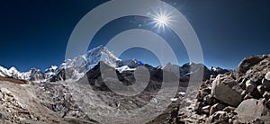 Nuptse or Nubtse mountain 7861m panorama shot with Khumbu Glacier on the foreground, Gorakshep. Khumbu Glacier is the world`s