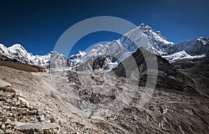Nuptse or Nubtse mountain 7861m panorama shot with Khumbu Glacier on the foreground, Gorakshep. Khumbu Glacier is the world`s