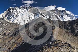 Nuptse and Nuptse mountain peak view from Chukung Ri in Everest base camp trekking route, Himalaya mountains range in Nepal