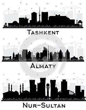 Nur-Sultan, Almaty Kazakhstan and Tashkent Uzbekistan City Skyline Silhouette Set