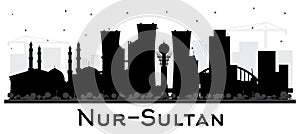 Nur-Sultan Kazakhstan City Skyline Silhouette with Black Buildings Isolated on White. Nur-Sultan Cityscape with Landmarks