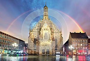 Nuremberg, cathedral Frauenkirche in Hauptmarkt wtih rainbow, Ba